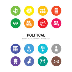 16 political vector icons set included equality, freedom, hand holding vote paper, health clinic, human, human rights, man holding the vote paper on the box, news, ngo, no weapons, pacifism icons