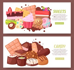 Bakery and sweets set of banners web design vector illustration. Candy shop with pieces of fruit cake with galaze and berries, ice-cream, chocolate candies, cookies, biscuits, macaroons.