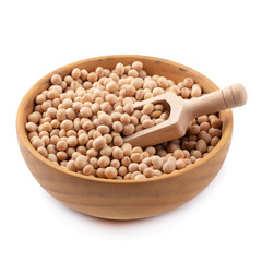 Soybean in a wooden bowl isolated on white background