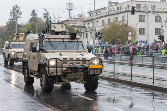  Soldiers of Czech Army are riding light multirole vehicle  on military parade in Prague, Czech Republic