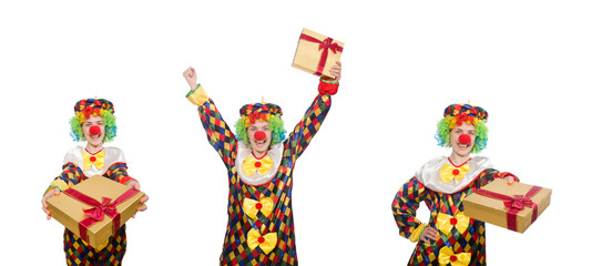 Obraz na płótnie Canvas Clown with giftbox isolated on white