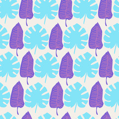 Tropical leaves bright seamless pattern. Trendy summer print for fabric, wrapping paper, wallpaper or cover.  Raster illustration.