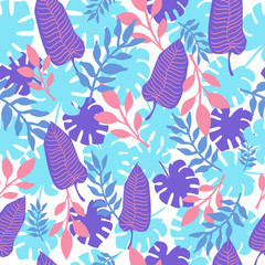 Tropical leaves colorful seamless pattern. Summer trendy print for textile, wallpaper or wrapping paper. Raster illustration.