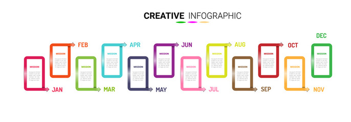Time line, Timeline business for 12 months, 1 year, Timeline infographics design vector and Presentation business can be used for Business concept with 12 options, steps or processes. 