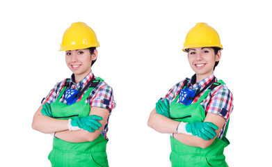 Young woman in green coveralls