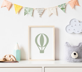 Stylish scandinavian newborn baby room with toys, teddy bear, accessories, ,cloud,colorful cotton...