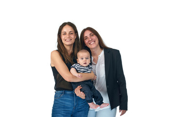 Lesbian love, young lesbian mothers with their baby. Homosexual family.
