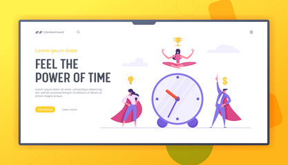 Time Management Website with Team Business Characters. Organization of Work Process with Alarm Clock and Businessmen. Super Woman with Idea Light Bulb Landing Page. Vector flat cartoon illustration