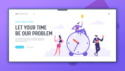 Time Management Concept Landing Page with Team Business Characters. Organization of Work Process with Alarm Clock and Businessmen. Man with Idea Light Bulb Web Banner. Vector flat cartoon illustration
