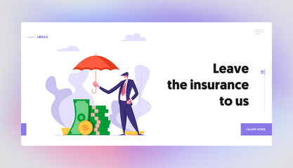 Money Insurance Concept Landing Page with Businessman Holding Umbrella Under Stack of Banknotes. Money Protection Financial Savings, Secure Investment Banner Website. Vector flat cartoon illustration