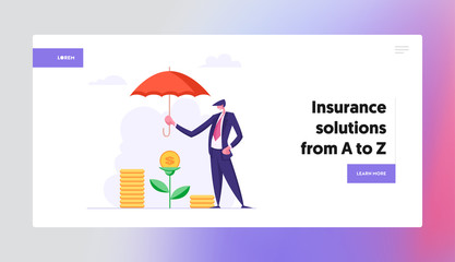 Finance Insurance Concept Banner with Businessman Holding Umbrella Under Money Tree. Money Protection Financial Savings, Secure Investment Website Landing Page. Vector flat cartoon illustration