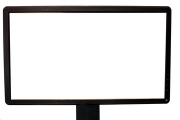 Black colored LCD computer monitor isolated on white with blank white screen.