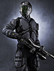 Fototapeta na wymiar Portrait of a masked futuristic armored soldier with a studio background. 3d rendering
