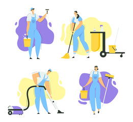 Fototapeta na wymiar Cleaner Characters with Mop, Vacuum Cleaner and Tools. Cleaning Service with Staff with Equipment. Housewife Washing Home, Janitor Worker. Vector flat illustration