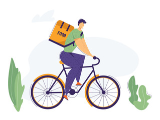 Delivery Man Riding Bicycle with Food Box on the Back. City Bike Delivering Service with Man Character Carrying Package from Restaurant. Vector flat illustration