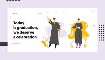 Graduating Students with Diploma Banner Template. Man and Woman Characters Graduation Education Concept. University Student College Graduate Landing Page. Vector flat cartoon illustration