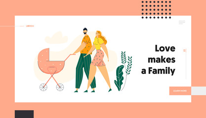 Happy Couple Walking in Park with Pram Landing Page. Family Walk with Baby Stroller. Mother and Father Characters Spend Time Together Outdoor Website Banner. Vector flat cartoon illustration