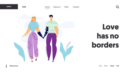 Man and Woman Characters with Prosthesis. Happy Couple Prosthetic Concept. Health Care Assistance Disabled People Life. Vector flat cartoon illustration