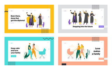 Obraz na płótnie Canvas Education and Graduation Concept Landing Page. Happy Graduated Students with Diploma. Young Couple Walking with Baby Stroller Website Banner. Vector flat illustration