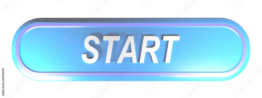 Poster blue rounded rectangle push button start - 3d rendering illustration