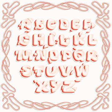 Bright pink letters of the Latin alphabet, with imitation of volume, similar to cream decorations