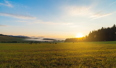 Obraz premium Czech landscape in the morning. Beautiful sunrise on Sumava national park.