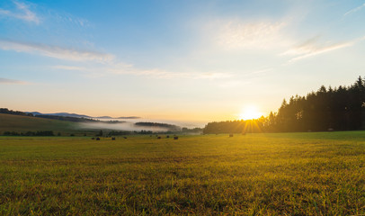 Czech landscape in the morning. Beautiful sunrise on Sumava national park.