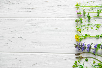 Fototapeta premium Background of wildflowers. Background for a banner with natural colors. Banner with Copyspeis Flowers. Floral background. Flowers on a white wooden background.
