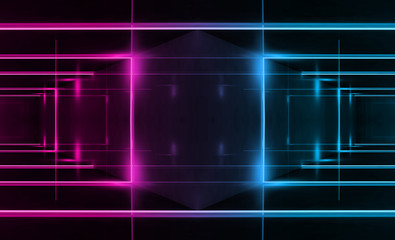 Dark abstract futuristic background. Neon lines and shapes. Neon glow and rays on a dark background