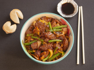 Bowl of Asian Food Style Angus Meat with Vegetables and Soy Sauce 