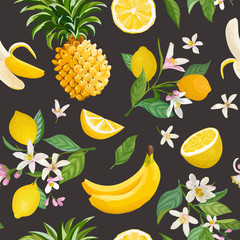 Seamless Tropical Fruit pattern with lemon, banana, pineapple, fruits, leaves, flowers background. Hand drawn vector illustration in watercolor style for summer romantic cover, tropical wallpaper