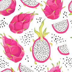 Seamless pattern with dragon fruits, pitaya background. Hand drawn vector illustration in watercolor style for summer romantic cover, tropical wallpaper, vintage texture