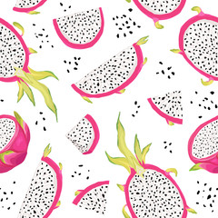 Seamless pattern with dragon fruits, pitaya background. Hand drawn vector illustration in watercolor style for summer romantic cover, tropical wallpaper, vintage texture