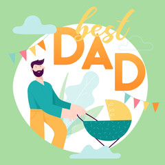 Happy Father Day concept card with Smiling Dad Character with Baby in stroller. Vector modern trendy illustration for cover, holiday banner, sale background
