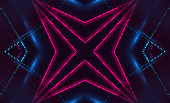 Dark abstract futuristic background. Neon lines and shapes. Neon glow and rays on a dark background © Laura Сrazy