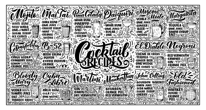 Lettering set of cocktails recipes. Template for card banner and poster for bar menu and restaurant