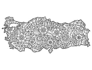Outline map of Turkey filled with a high-detailed floral pattern. Flower ornament in oriental mehndi style. Doodle coloring book page.