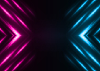 Dark abstract futuristic background. Neon lines and shapes. Neon glow and rays on a dark background