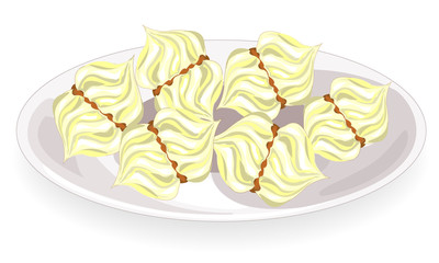 Delicious marshmallow on a plate with a silk layer. White airy sweetness. Vector illustration