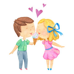 Boy and girl eating ice cream. Love. watercolor illustration.