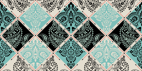 Seamless pattern based on ornament paisley Bandana Print. Vector ornament paisley Bandana Print. Silk neck scarf or kerchief square pattern design style, best motive for print on fabric or papper. - 267430145