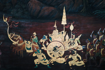 Bangkok, Thailand - May 12, 2019: The Ramakian (Ramayana) mural paintings along the galleries of the Temple of the Emerald Buddha, grand palace or wat phra kaew Bangkok Thailand © Weerayuth