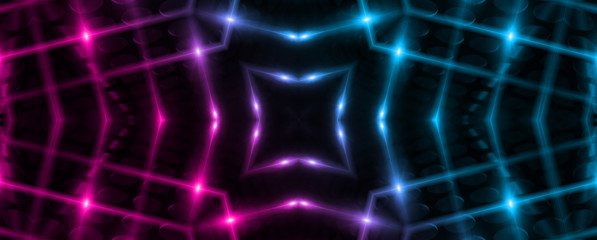 Dark abstract futuristic background. Neon lines and shapes. Neon glow and rays on a dark background