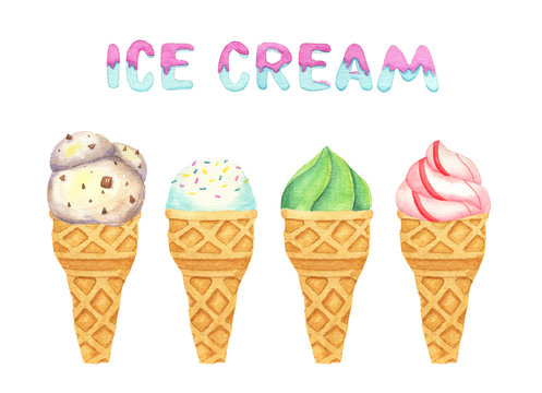 Watercolor isolated illustration of ice cream cones. lottering