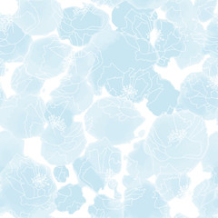Poppy flowers on abstract watercolor splashes background. Floral vector seamless pattern with hand drawn  flowers.