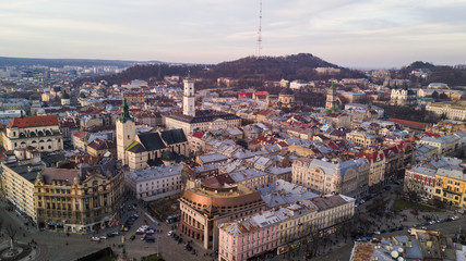 Aerial view of Lviv city historical center. Lviv city center in Western Ukraine from above