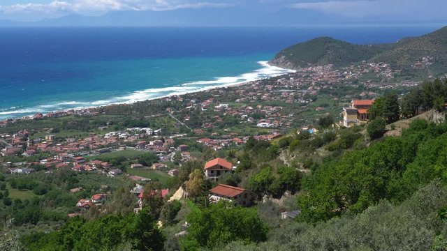 Panoramic view of the Cilento coastline from Castellabate. Campania, Italy.