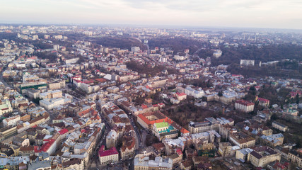 Aerial view of Lviv city historical center. Lviv city center in Western Ukraine from above