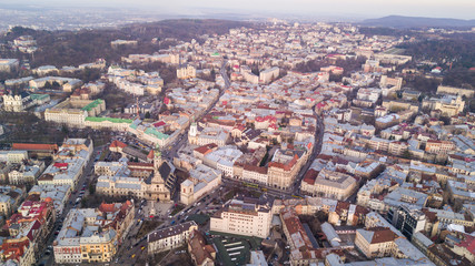 Top view from of the city hall on houses in Lviv, Ukraine. Lviv old town from above.