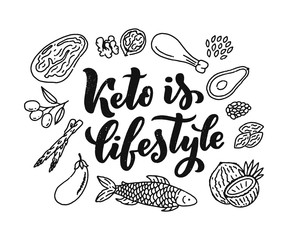 Sketch lettering with keto diet doodle elements for concept design. Hand drawn illustration. Food for Ketogenic